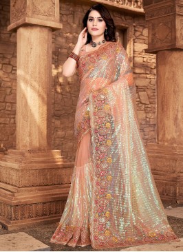 Net Peach Saree