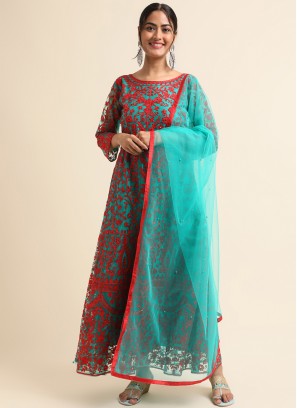 Net Pearls Green Designer Salwar Suit