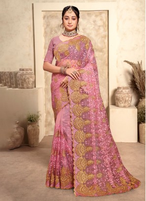 Net Pink Contemporary Saree