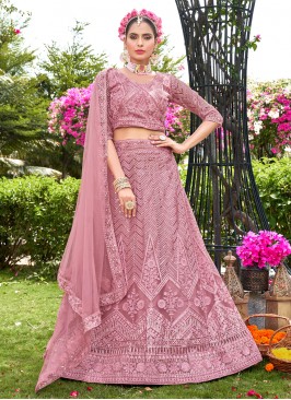 Net Pink Embroidered A Line Lehenga Choli