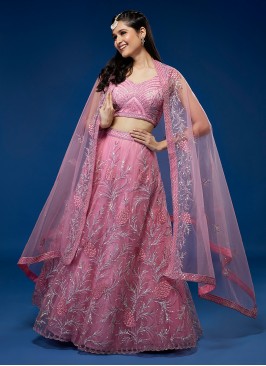 Net Pink Embroidered Designer Lehenga Choli