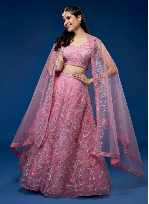 Net Pink Embroidered Designer Lehenga Choli