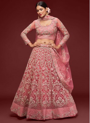 Net Pink Embroidered Trendy Lehenga Choli