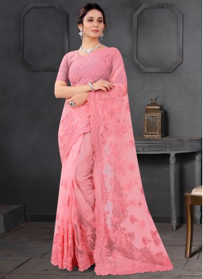 Net Pink Embroidered Trendy Saree