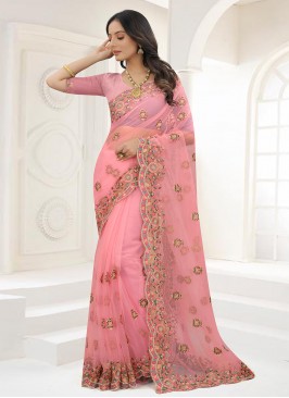 Net Pink Resham Contemporary Saree