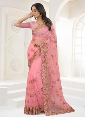 Net Pink Resham Contemporary Saree