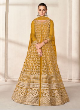 Net Readymade Anarkali Salwar Suit in Mustard