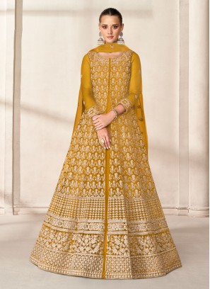 Net Readymade Anarkali Salwar Suit in Mustard