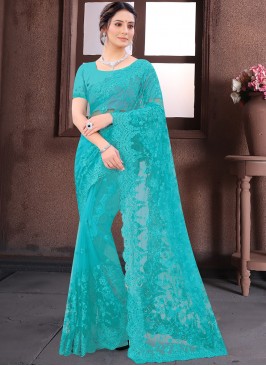 Net Resham Aqua Blue Bollywood Saree