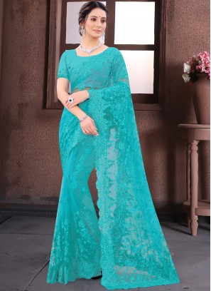 Net Resham Aqua Blue Bollywood Saree