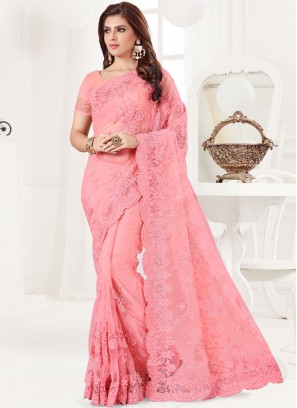 Net Resham Classic Designer Saree in Pink