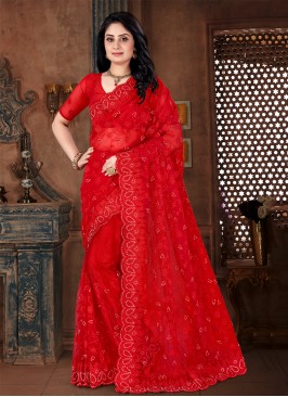 Net Resham Classic Designer Saree in Red