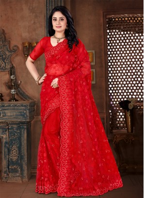 Net Resham Classic Designer Saree in Red