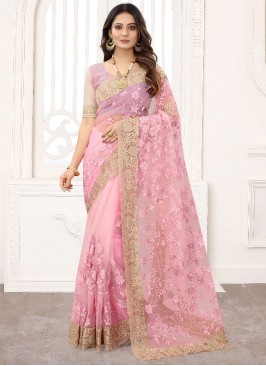 Net Resham Classic Saree in Pink
