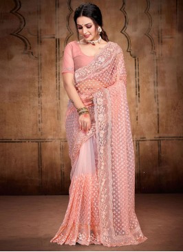 Net Resham Contemporary Style Saree in Peach