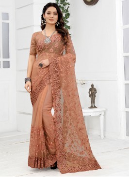 Net Resham Peach Classic Designer Saree