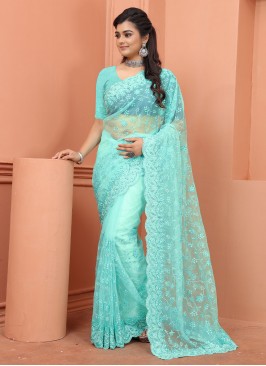 Net Resham Trendy Saree in Aqua Blue