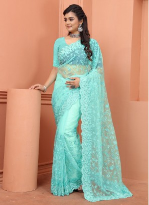 Net Resham Trendy Saree in Aqua Blue