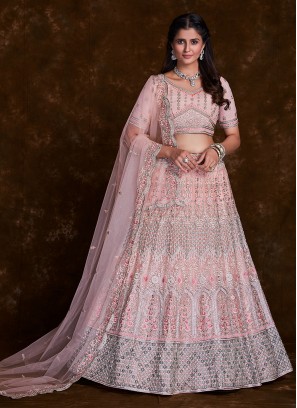 Net Rose Pink Thread Work A Line Lehenga Choli
