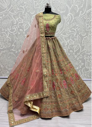 Net Sequins A Line Lehenga Choli in Sea Green
