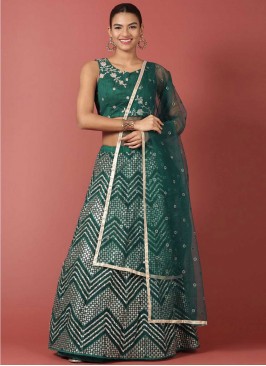 Net Sequins Designer Lehenga Choli in Green