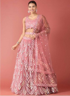 Net Sequins Lehenga Choli in Pink