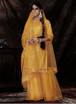 Net Sequins Mustard Designer Palazzo Salwar Suit