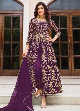 Net Sequins Purple Long Length Salwar Suit