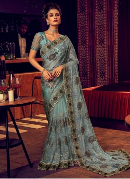 Net Sequins Sea Green Contemporary Saree