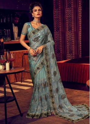 Net Sequins Sea Green Contemporary Saree