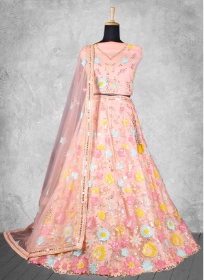Net Sequins Trendy A Line Lehenga Choli in Peach