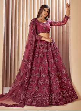 Net Stone Maroon A Line Lehenga Choli