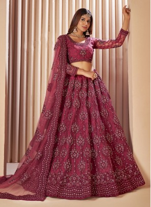 Net Stone Maroon A Line Lehenga Choli