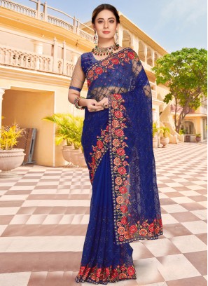 Net Stone Work Navy Blue Saree