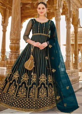 Net Teal Embroidered Designer Salwar Kameez