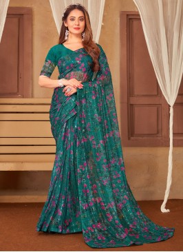 Net Teal Saree