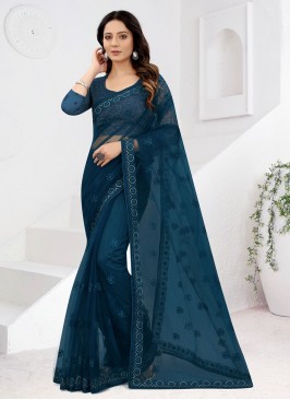 Net Teal Trendy Saree