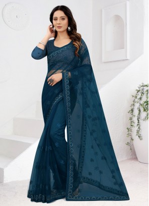 Net Teal Trendy Saree