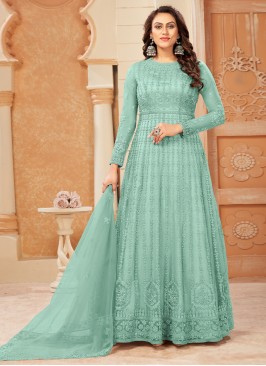 Net Turquoise Embroidered Long Length Salwar Suit