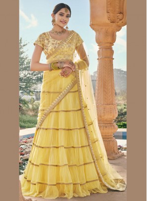 Net Yellow Embroidered Trendy Lehenga Choli