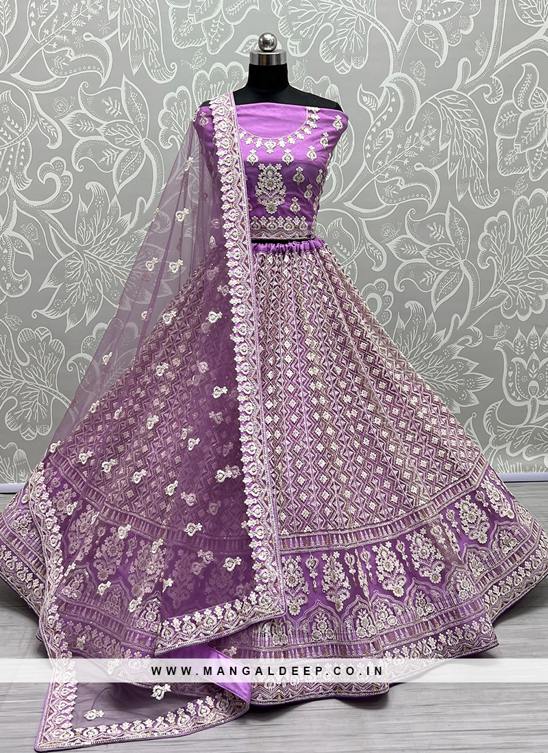 New and Unique Lilac Wedding Lehenga Choli with Intricate Embellishments.