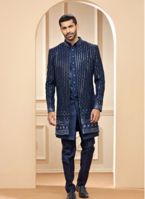 Newest Navy Silk Indowestern Suit For Reception