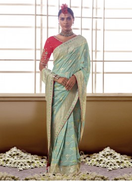 Nice Embroidered Aqua Blue Silk Saree