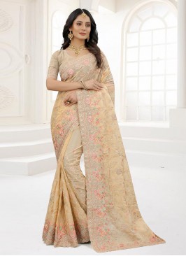 Nice Embroidered Cream Organza Designer Saree