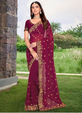 Nice Embroidered Georgette Wine Trendy Saree