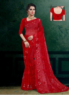 Nice Embroidered Net Red Designer Saree
