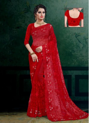 Nice Embroidered Net Red Designer Saree