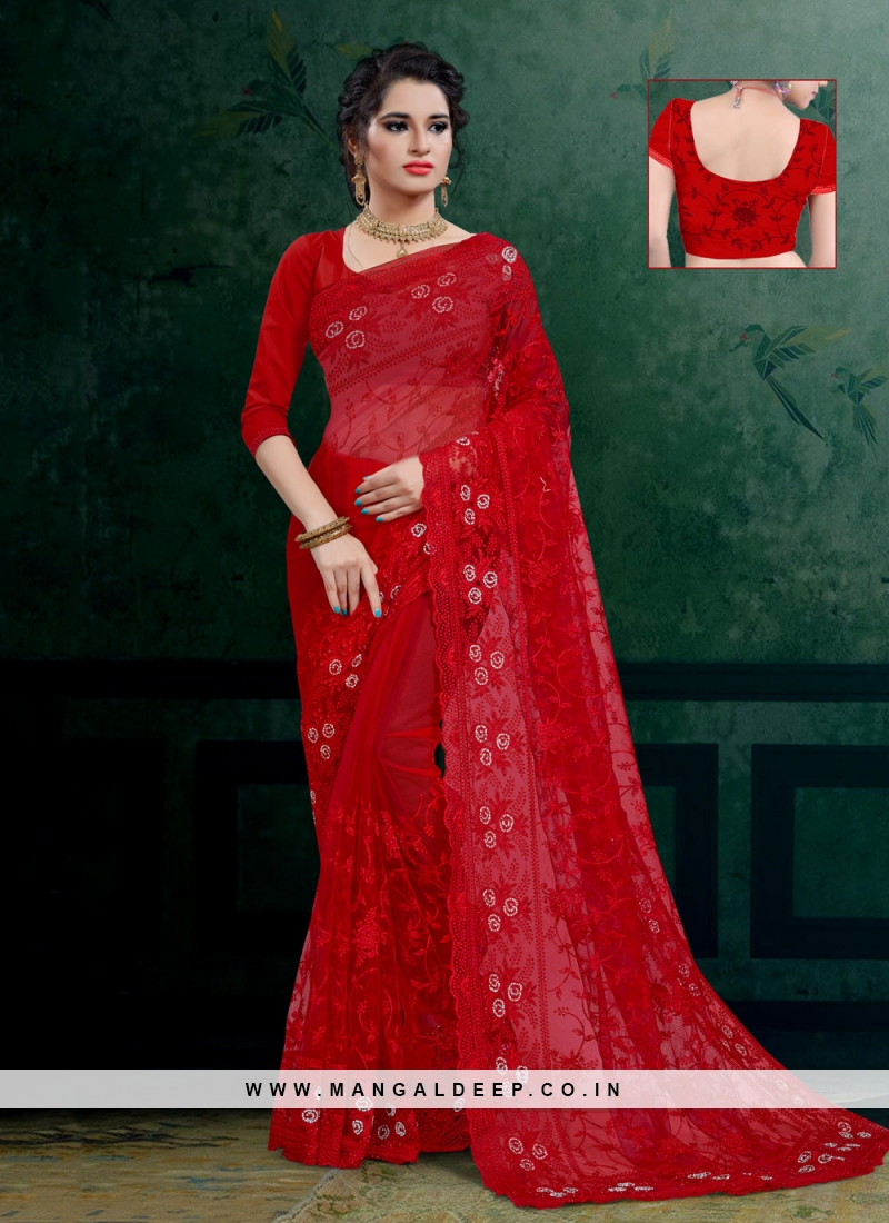 Embroidered Maroon Designer Net Saree, With blouse piece at Rs