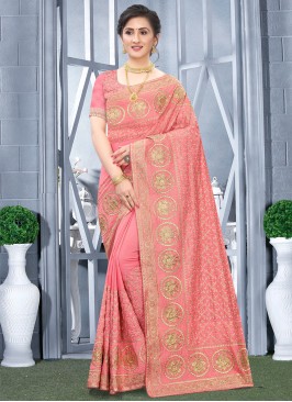 Nice Embroidered Peach Designer Traditional Saree