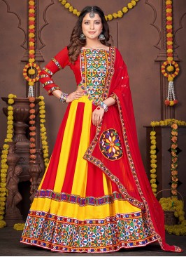 Nice Embroidered Rayon Multi Colour A Line Lehenga Choli